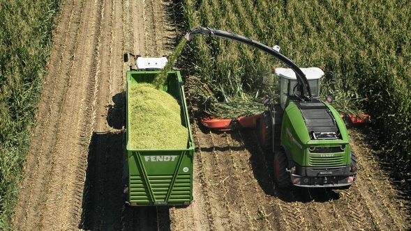 Fendt Katana und Fendt Tigo Ein Fendt Katana Feldhäcksler und ein Fendt Traktor mit Fendt Tigo Ladewagen auf einem Maisfeld.