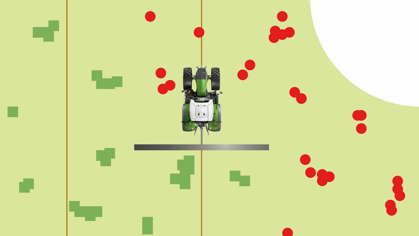 Fendt Variable Rate Control mit Spot Spraying Grafische Draufsicht auf einen Schleppermit Spot Spraying Karte