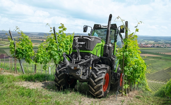 Der grüne Fendt 200 V/F/P Vario ist am Ende eines Weinbergs angekommen und fährt zwischen den Reihen des Weinbergs hervor.