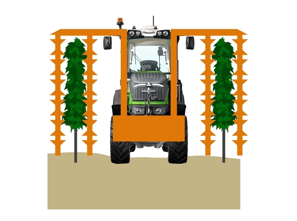 CGI Fendt 200 V/F/P Vario in den Weinbergen Das CGI zeigt einen grünen Fendt 200 V/F/P Vario mit einem orangenen Frontanbaugerät in den Weinbergen. Das Anbaugerät ist ein Laubschneider.
