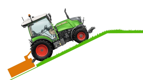 Das CGI zeigt einen grünen Fendt 200 V/F/P Vario mit roten Felgen und einem orangenen Mulcher, der einen Hügel hochfährt ohne entlastende Regelung.
