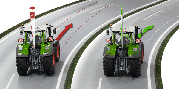FSC Fendt Stability Control Das Bild zeigt zwei Fendt-Traktoren auf einer kurvigen Straße: Links mit manueller Lenkung und sichtbarer Spurabweichung (rote Markierungen), rechts mit dem automatischen Lenksystem Fendt Stability Control (FSC) für präzise Spurführung (grüne Markierungen).