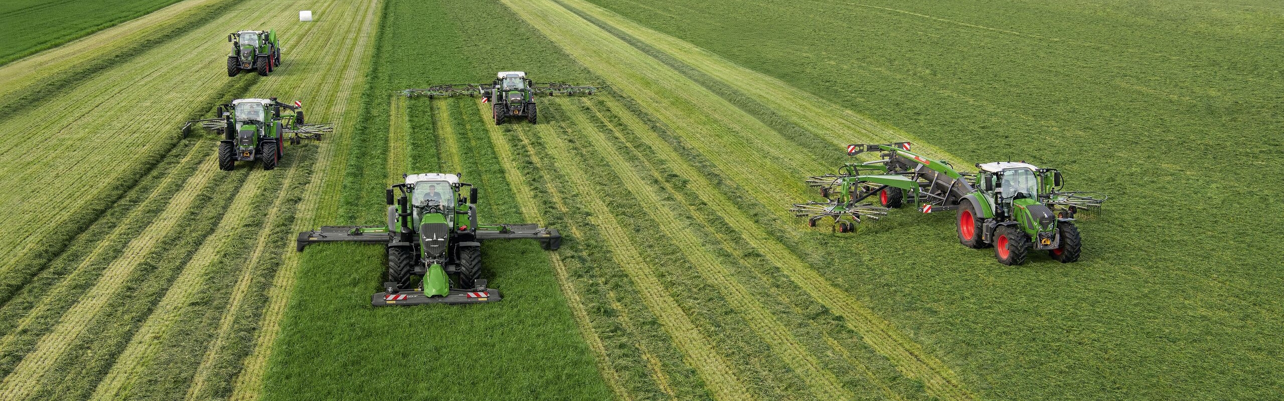 Mehrere Fendt Traktoren arbeiten gemeinsam auf einem grünen Feld.