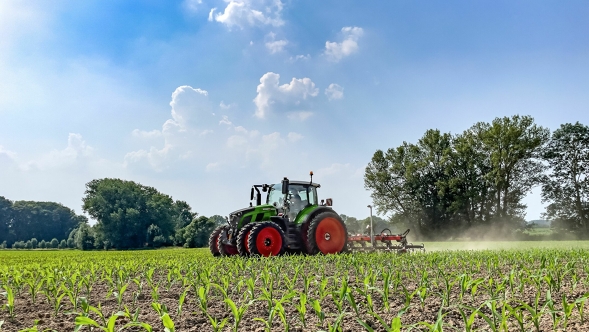Der grüne Traktor Fendt 600 Vario mit Zwillingsbereifung im Einsatz auf einem Anbau Feld. Im Hintergrund sind dunkelgrüne Bäume und ein hellblauer Himmel mit weißen Wolken zu sehen.