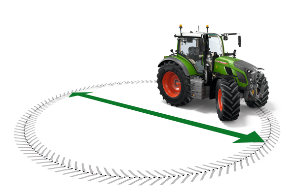 Wendigkeit des Fendt 600 Vario Grafische Darstellung der grünen Traktors Fendt 600 Vario und dem grauen Wendekreis von diesem. Ein grüner Pfeil mit Spitzen an beiden Enden zeigt den Durchmesser des Kreises.