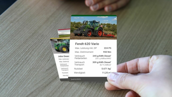 Spielkarten im Stil eines Quartetts zum Fendt 620 Vario DLG Powermix Test des Fachmagazins profi