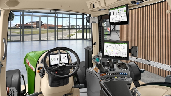 Innenansicht der komfortablen Kabine eines Fendt Traktors