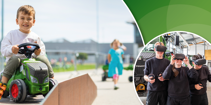 Kind auf Trettraktor und Kinder mit VR Brille