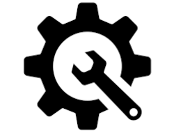 Icon mit schwarzem Zahnrad und Schraubenschlüssel auf weißem Hintergrund