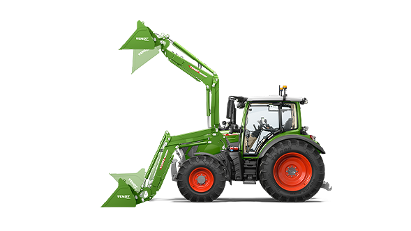 Seitenansicht eines Fendt 300 Vario Gen5 Traktors mit hochgefahrenem Frontlader Fendt Cargo 4.75 vor weißem Hintergrund zeigt Einsatzbereit­schaft für präzise Frontladerarbeit