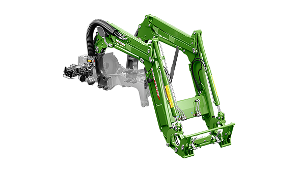 Darstellung des Fendt Cargo 4.75 Profi Frontladers mit integrierter Hydraulik, Sensorik und optimierter Schwinge für Komfortfunktionen wie Wiegen, Memoryposition und Rüttelfunktion