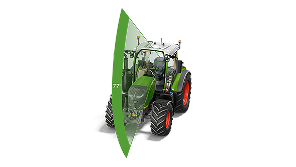 Ein Fendt 300 Vario Gen5 Traktor mit visualisiertem 77-Grad-Sichtfeld in grünem Halbkreis zeigt die großzügige Frontsicht durch die VisioPlus Kabine