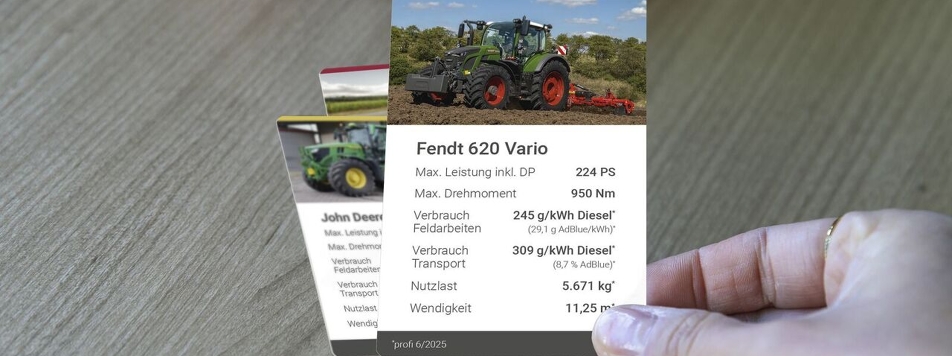 Spielkarten im Stil eines Quartetts zum Fendt 620 Vario DLG Powermix Test des Fachmagazins profi