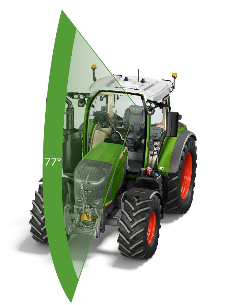 Fendt 300 Vario mit 77° Sichtwinkel Ein CGI eines Fendt 300 Vario mit markiertem Sichtwinkel von 77°