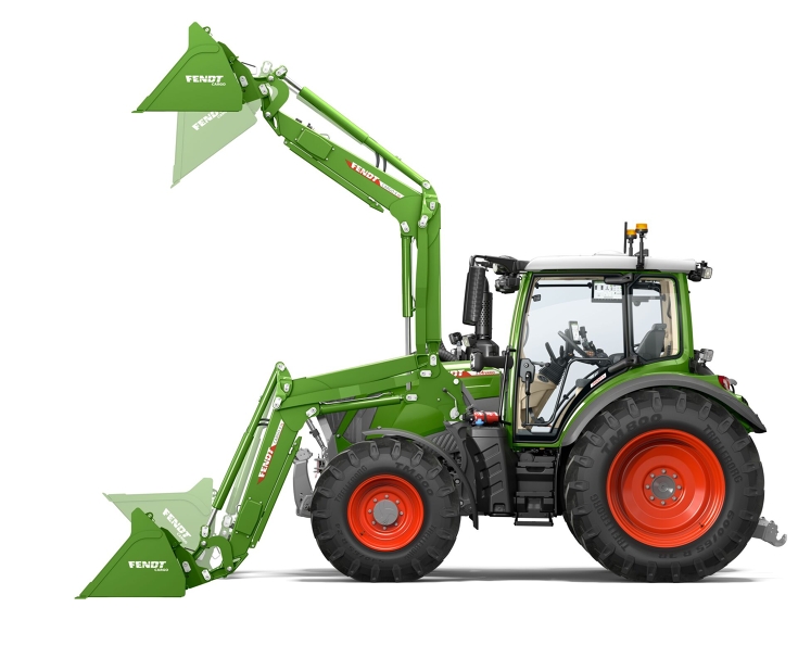 Fendt 300 Vario mit Frontlader CGI eines freigestellten grünen Fendt 300 Vario mit angehobenem und abgesenktem Frontlader