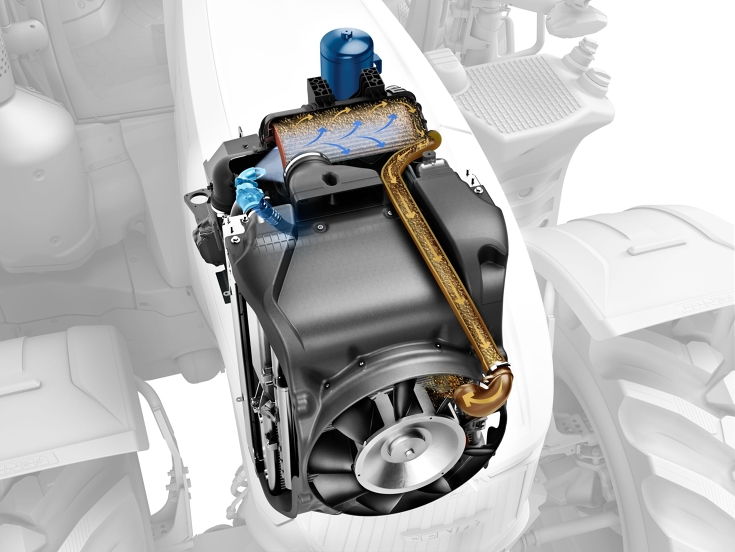 Selbstreinigender Motor- & Kabinenluftfilter im Fendt 800 Vario CGI vom Motoluftfilter des Fendt 800 Vario, dass die Luftströme zeigt