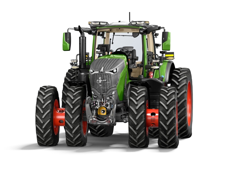 Ein Fendt 800 Vario mit Row-Crop Zwillingsbereifung Ein freigestellter grüner Fendt 800 Vario mit Row-Crop Zwillingen für den nordamerikanischen Markt