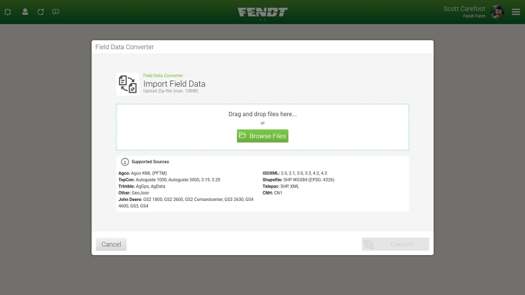 Felddatenkonverter in FendtONE offboard Ein Screenshot zeigt die Möglichkeit in FendtONE offboard Felddaten per Drag & Drop zu importieren.