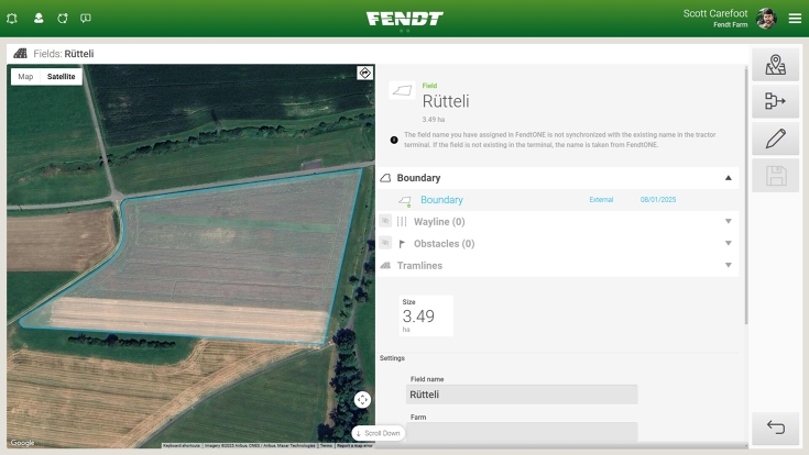 Felder in Detailansicht in FendtONE offboard Ein Screenshot zeigt ein Feld in Detailansicht in FendtONE offboard. Rechts neben dem Bild des Feldes stehen Informationen wie die Bezeichnung, die Größe und Hindernisse im Feld.