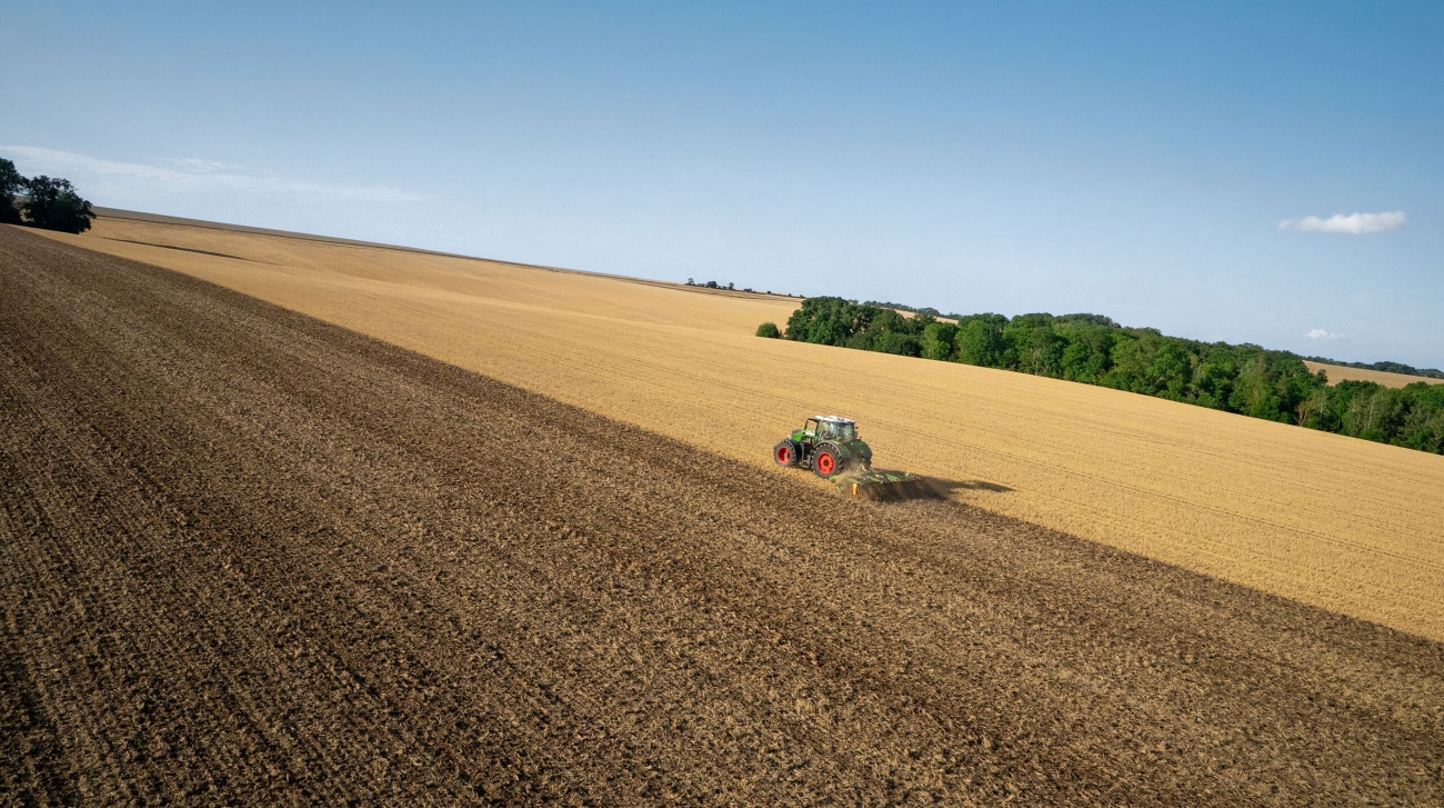 Ein grüner Fendt 800 Vario bearbeitet eine Fläche mit einer Scheibenegge vom Amazone, das Bild ist aus der Vogelperspektive fotografiert.