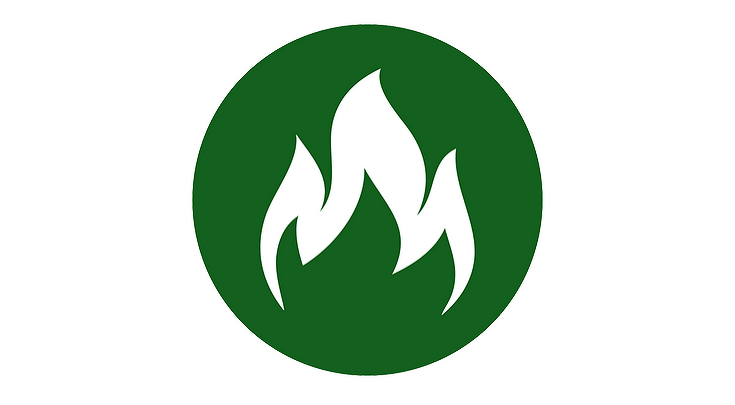 Weiße Flamme in grünem Kreis mit dem Schriftzug Faszination