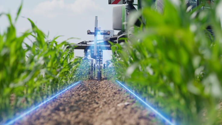 Fendt und PTx RowPilot Zwischen den Pflanzreihen ist die Hacke an einem Fendt Traktor zu sehen. Oben auf der Hacke montiert ist der RowPilot, die Reihenerkennung ist durch eingezeichnete blaue Linien markiert.