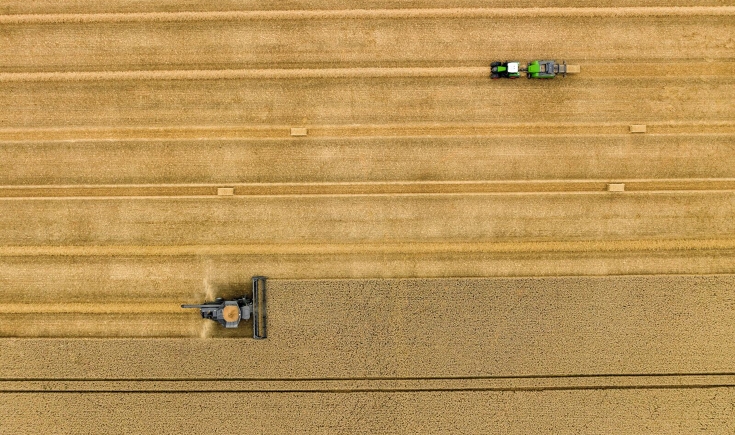 Fendt IDEAL, Fendt Traktor und Fendt Quaderballenpresse in der Ernte Drohnenaufnahme eines Fendt IDEAL in anthrazit während er drischt und das Stroh in Schwaden ablegt. Gleichzeitig presst ein grüner Fendt Traktor mit einer grünen Quaderballenpresse im Gespann Strohballen aus den Schwaden auf dem gleichen Feld.