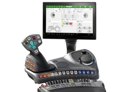 Freigestelltes CGI des Terminal und der Armlehne von Fendt.