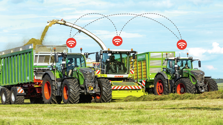 FieldDataSync Landmaschinen verschiedener Hersteller bei der Feldarbeit, verbunden durch gestrichelte Linien, die die drahtlose Kommunikation via FieldDataSync darstellen