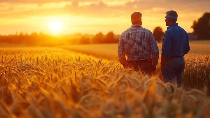 Zwei Landwirte stehen in einem Weizenfeld mit Blick auf die untergehende Sonne