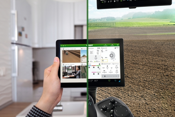 FendtONE offboard og onboard Delt billede, til venstre en hånd på en tablet, og til højre traktorterminalen med FendtONE.