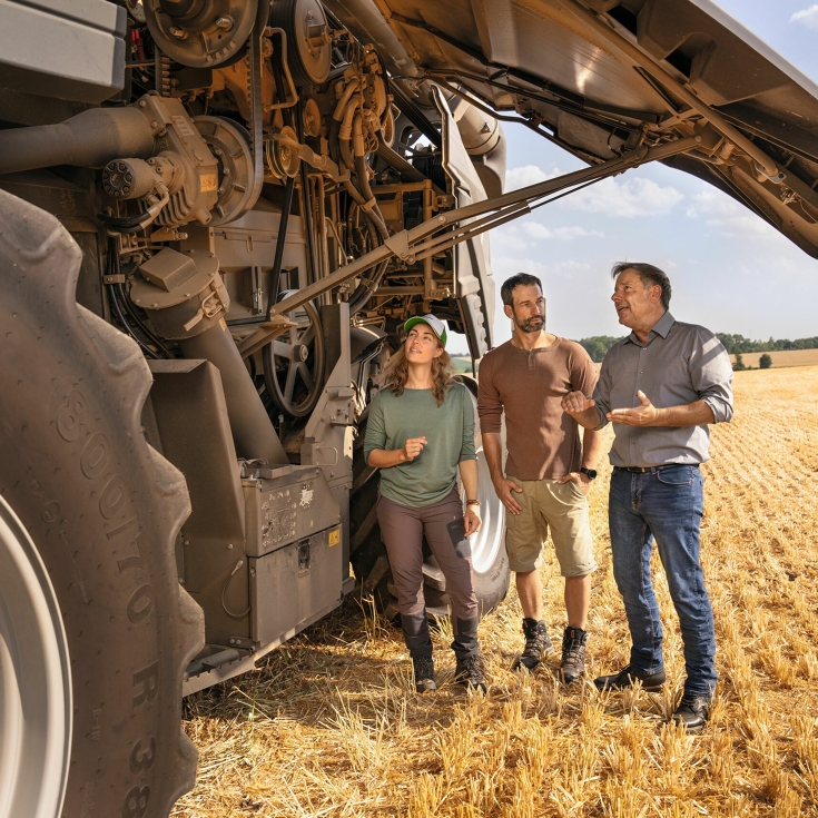 En Fendt-forhandler forklarer et par landmænd på en mark, hvordan Fendt-mejetærskeren fungerer.