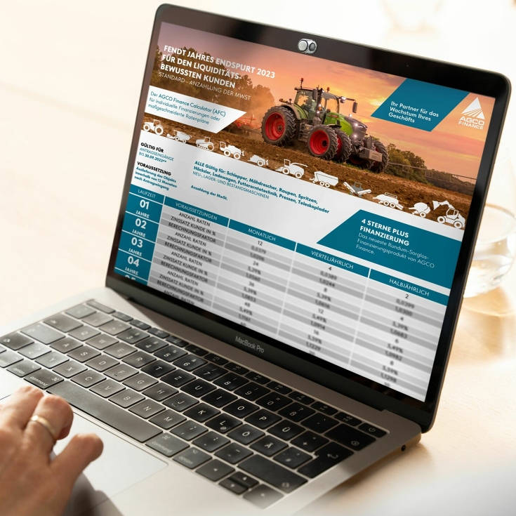 En Fendt-forhandlers bærbare computer med finansieringsmuligheder gennem AGCO Finance