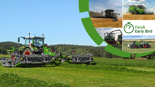 Põllumees sõidab Fendti traktori ja Fendt Slicer niidukiga aasal, ülal paremal on Fendt Early Bird logo, mis koosneb rohelisest stopperi ikoonist.