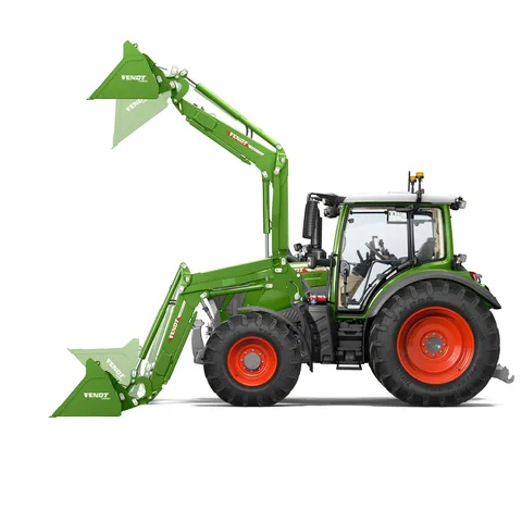 CGI de un Fendt 300 Vario verde con cargador frontal elevado y bajado