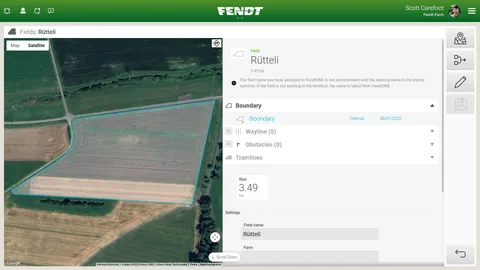 Un pantallazo que muestra un campo en vista detallada en FendtONE offboard. A la derecha de la imagen del campo hay información sobre denominación, tamaño y obstáculos en el campo.