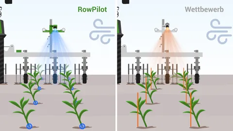 Un gráfico muestra 2 escarbadoras con viento, una al lado de la otra. En la imagen de la izquierda una marca azul muestra la detección de hileras del RowPilot en el punto de salida de la planta, aunque están inclinadas hacia la izquierda. En la imagen de