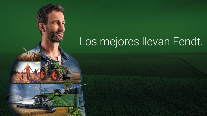 Un agricultor está ante un fondo verde y mira motivado hacia el futuro. En su parte superior hay productos Fendt ilustrados.