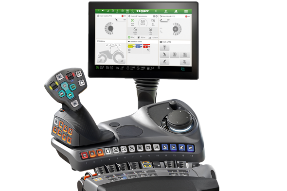 Imagen CGI personalizada del terminal y del reposabrazos de Fendt.