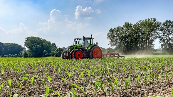 El tractor Fendt 600 Vario verde con neumáticos gemelos trabajando un terreno agrícola. En el fondo se ven árboles oscuros y un cielo azul celeste con nubes blancas.