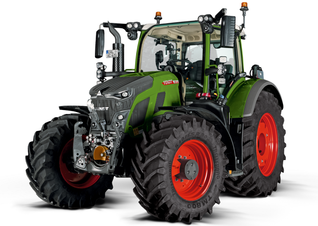 Imagen CGI de un tractor Fendt 600 Vario verde con llantas rojas.