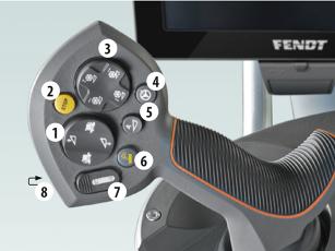 Detalle de un joystick múltiple en una cosechadora Fendt de la serie C para controlar la posición de la barra de corte, detener la unidad de trilla, vaciar el depósito de grano y ajustar automáticamente la altura del rastrojo.