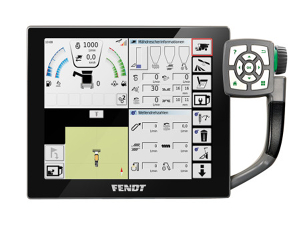 Pantalla de una cosechadora Fendt de la serie C que muestra el régimen del motor y el avance, el nivel de combustible y AdBlue®, la temperatura del aceite y del motor, el vaciado del depósito de grano y el estado de vaciado del sinfín.
