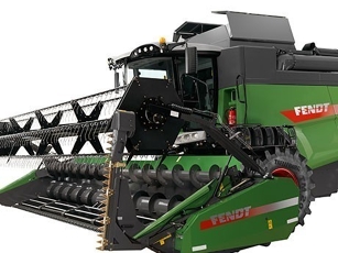 Imagen generada por ordenador (CGI) de una cosechadora Fendt Serie C a vista de pájaro con clara visualización de la máquina y sus componentes.