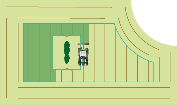 Gráfico de: línea de cabecera interna: Gestión de cabeceras en FendtONE Un gráfico muestra un tractor Fendt a vista de pájaro que trabaja con el sistema de guiado una superficie alrededor de un obstáculo ubicado en el interior, como un seto. El gráfico muestra líneas de cabecera creadas especialmente para ese caso.