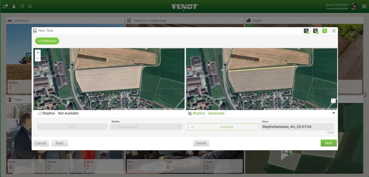 Generador de líneas de guiado en FendtONE offboard Un pantallazo de una pantalla que muestra dos veces el mismo campo, a la izquierda sin generador de líneas de guiado activado y a la derecha con él activado. A la derecha el generador propone líneas de guiado para el trabajo óptimo.