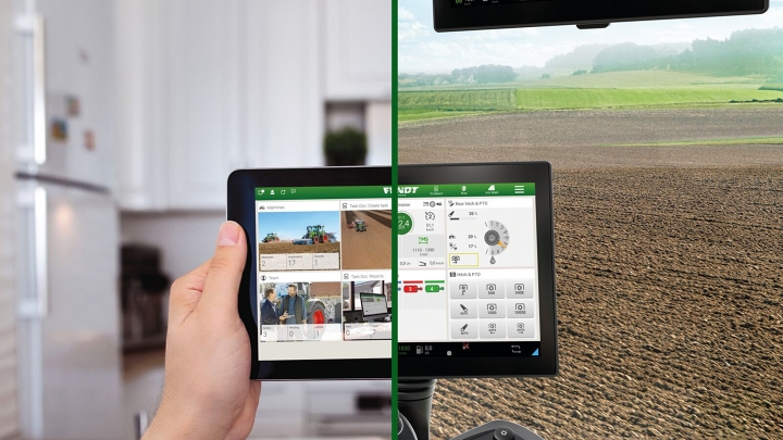 Representación en dos partes del FendtONE con offboard en la oficina y onboard en la cabina del tractor en el campo