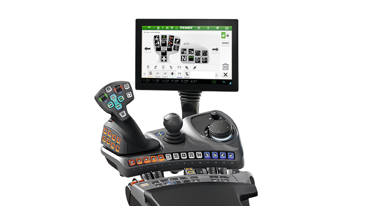 Fendt 500 Varion Power+-Setting 1, jossa on 12 tuuman pääte ja joystick