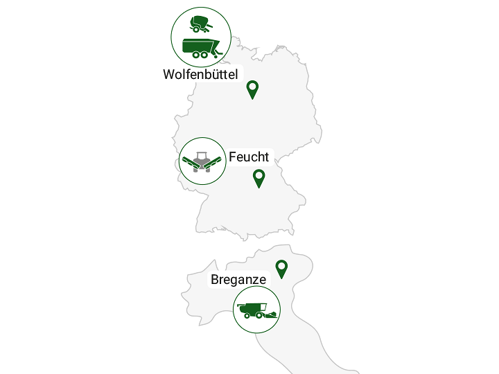 Kartta, joka näyttää Fendtin rehunkorjuu- ja sadonkorjuutekniikan toimipaikat Wolfenbüttelissä, Feuchtissa ja Breganzessa