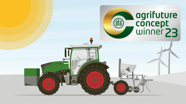 E-Vario-Weeder-konseptin grafiikka DLG - Agrifuture Concept-Winner logolla!